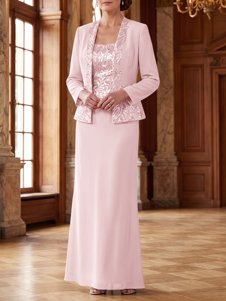 Robe Mère de la Mariée 2 Pièces Gaine/Colonne en Mousseline à Col Rond Manches Longues Longueur Cheville avec Veste