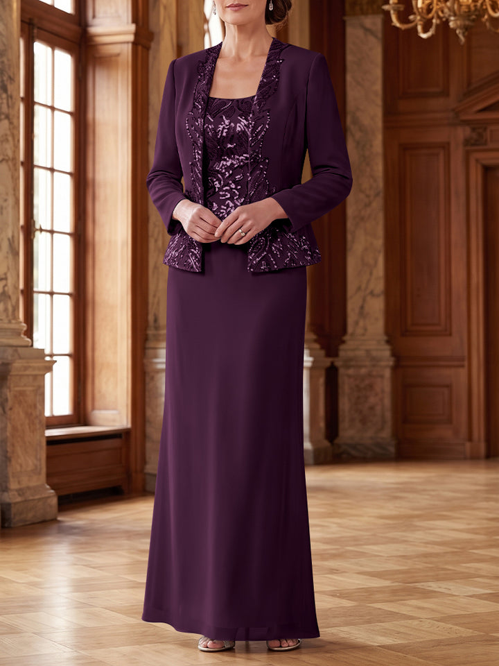 Robe Mère de la Mariée 2 Pièces Gaine/Colonne en Mousseline à Col Rond Manches Longues Longueur Cheville avec Veste