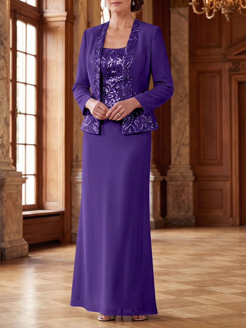Robe Mère de la Mariée 2 Pièces Gaine/Colonne en Mousseline à Col Rond Manches Longues Longueur Cheville avec Veste