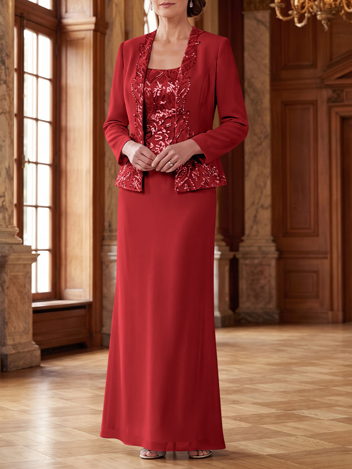 Robe Mère de la Mariée 2 Pièces Gaine/Colonne en Mousseline à Col Rond Manches Longues Longueur Cheville avec Veste