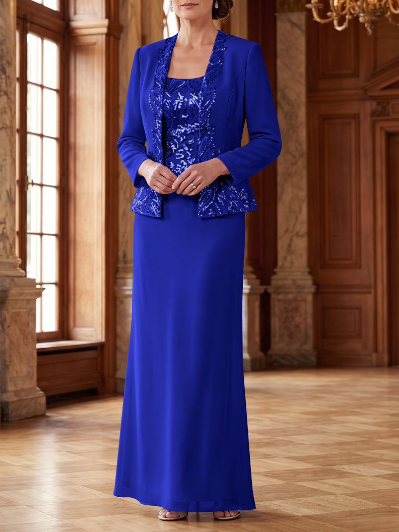 Robe Mère de la Mariée 2 Pièces Gaine/Colonne en Mousseline à Col Rond Manches Longues Longueur Cheville avec Veste