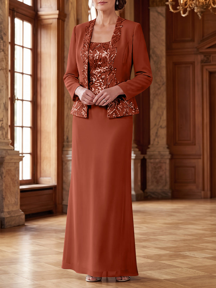 Robe Mère de la Mariée 2 Pièces Gaine/Colonne en Mousseline à Col Rond Manches Longues Longueur Cheville avec Veste