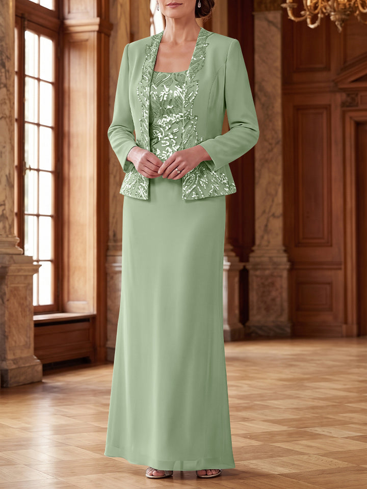 Robe Mère de la Mariée 2 Pièces Gaine/Colonne en Mousseline à Col Rond Manches Longues Longueur Cheville avec Veste