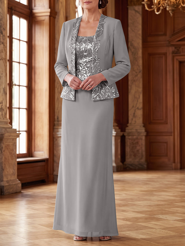 Robe Mère de la Mariée 2 Pièces Gaine/Colonne en Mousseline à Col Rond Manches Longues Longueur Cheville avec Veste
