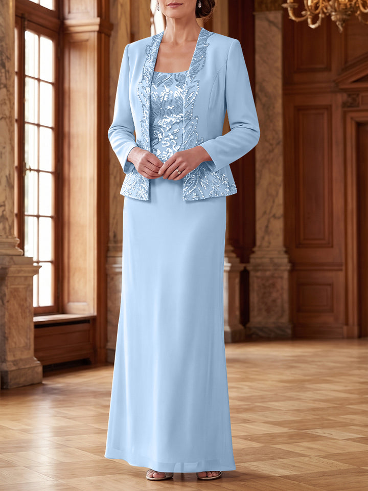 Robe Mère de la Mariée 2 Pièces Gaine/Colonne en Mousseline à Col Rond Manches Longues Longueur Cheville avec Veste