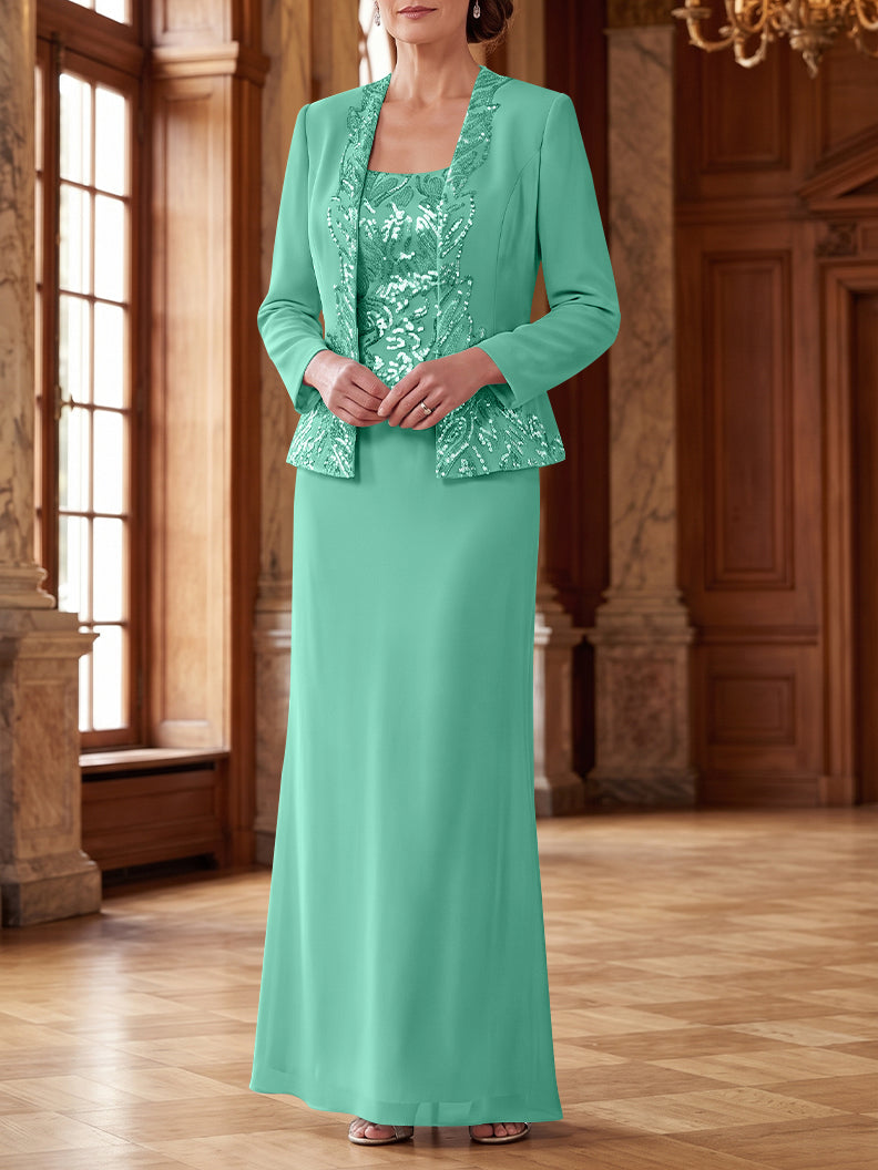 Robe Mère de la Mariée 2 Pièces Gaine/Colonne en Mousseline à Col Rond Manches Longues Longueur Cheville avec Veste