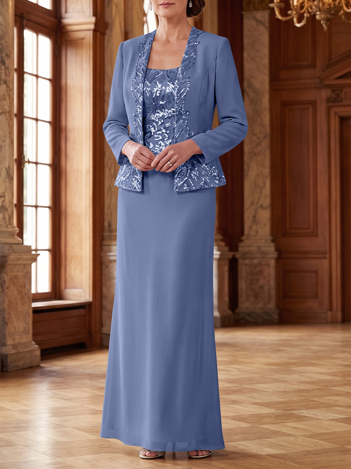 Robe Mère de la Mariée 2 Pièces Gaine/Colonne en Mousseline à Col Rond Manches Longues Longueur Cheville avec Veste