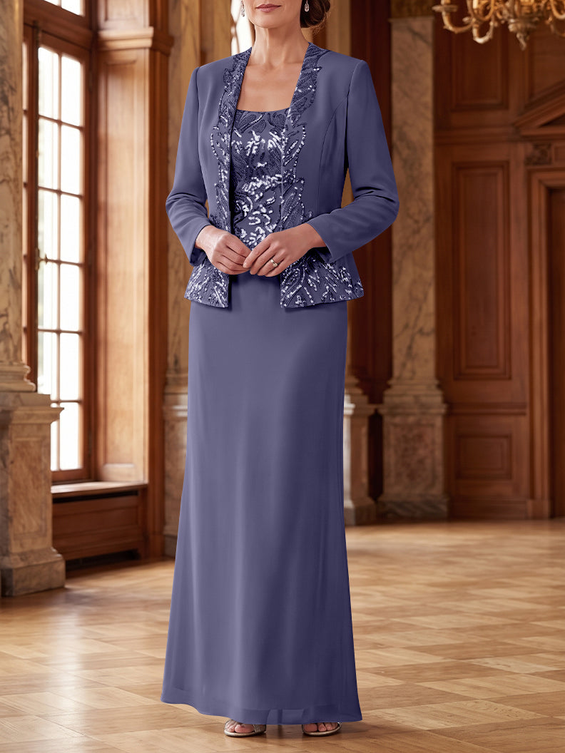 Robe Mère de la Mariée 2 Pièces Gaine/Colonne en Mousseline à Col Rond Manches Longues Longueur Cheville avec Veste