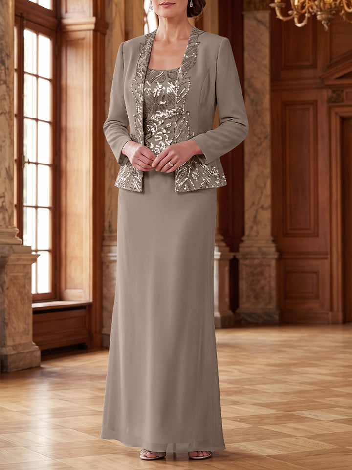 Robe Mère de la Mariée 2 Pièces Gaine/Colonne en Mousseline à Col Rond Manches Longues Longueur Cheville avec Veste