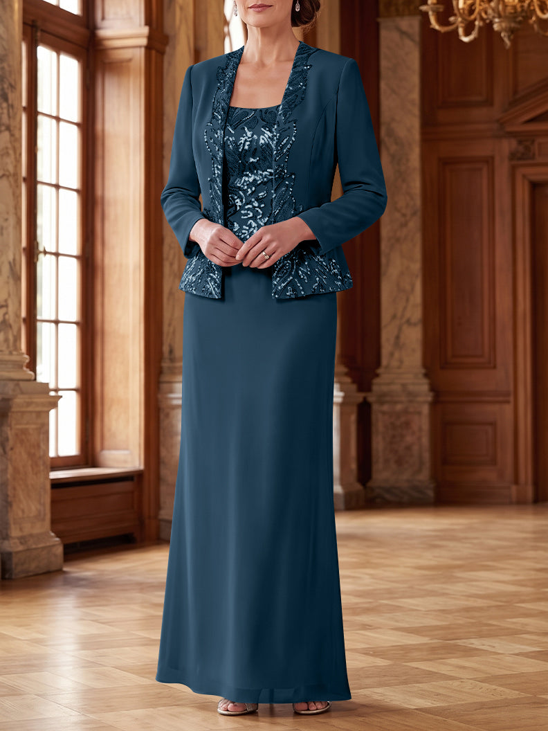 Robe Mère de la Mariée 2 Pièces Gaine/Colonne en Mousseline à Col Rond Manches Longues Longueur Cheville avec Veste