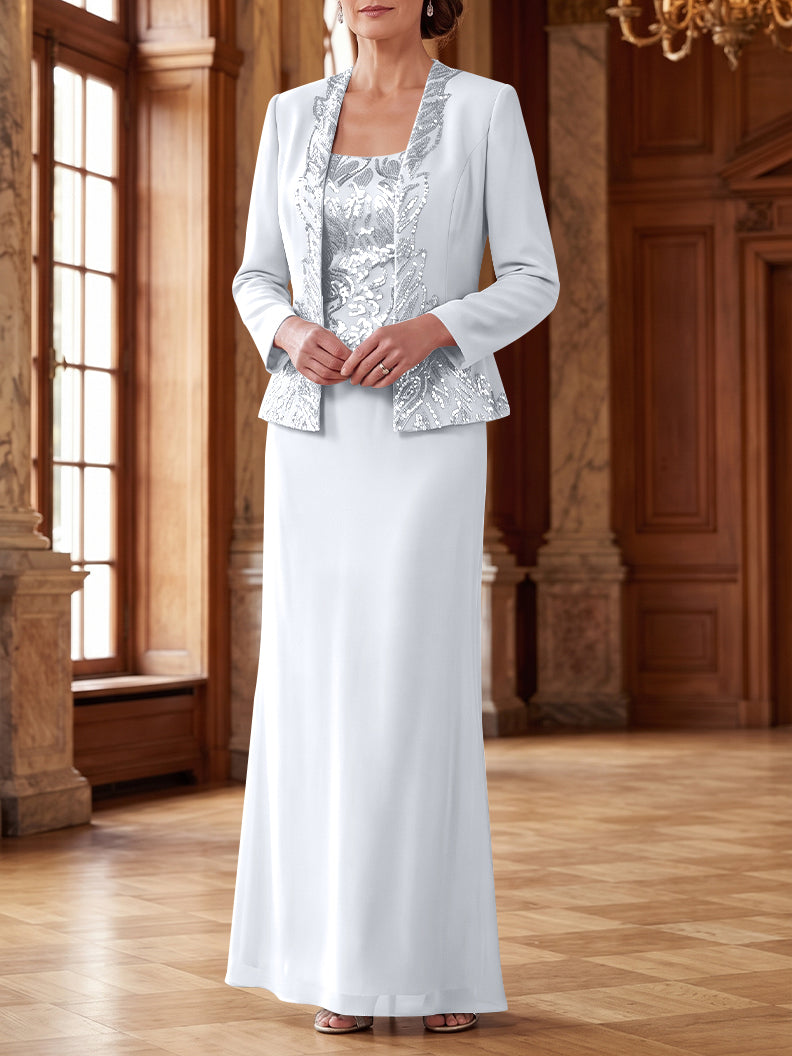 Robe Mère de la Mariée 2 Pièces Gaine/Colonne en Mousseline à Col Rond Manches Longues Longueur Cheville avec Veste