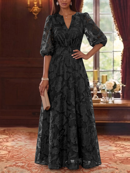 Robe Mère de la Mariée Ligne A/Princesse Mousseline Florale Col V Manches Mi-Longues Longueur au Sol