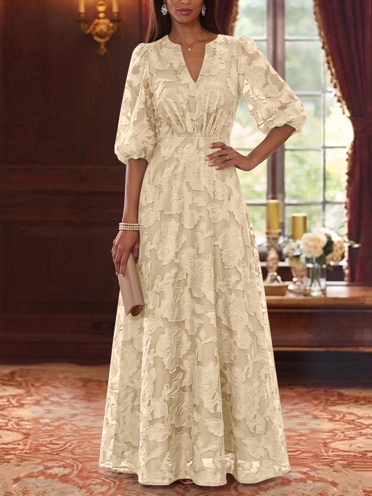 Robe Mère de la Mariée Ligne A/Princesse Mousseline Florale Col V Manches Mi-Longues Longueur au Sol