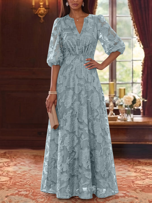 Robe Mère de la Mariée Ligne A/Princesse Mousseline Florale Col V Manches Mi-Longues Longueur au Sol