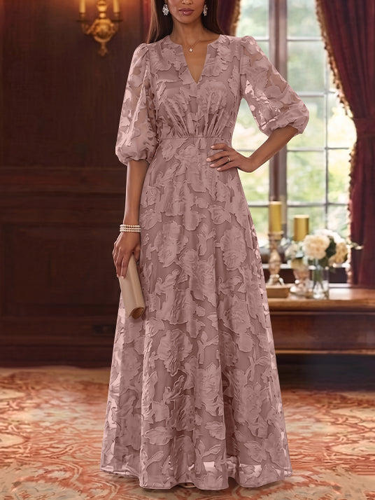 Robe Mère de la Mariée Ligne A/Princesse Mousseline Florale Col V Manches Mi-Longues Longueur au Sol