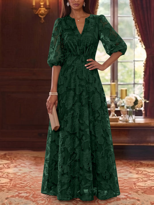 Robe Mère de la Mariée Ligne A/Princesse Mousseline Florale Col V Manches Mi-Longues Longueur au Sol