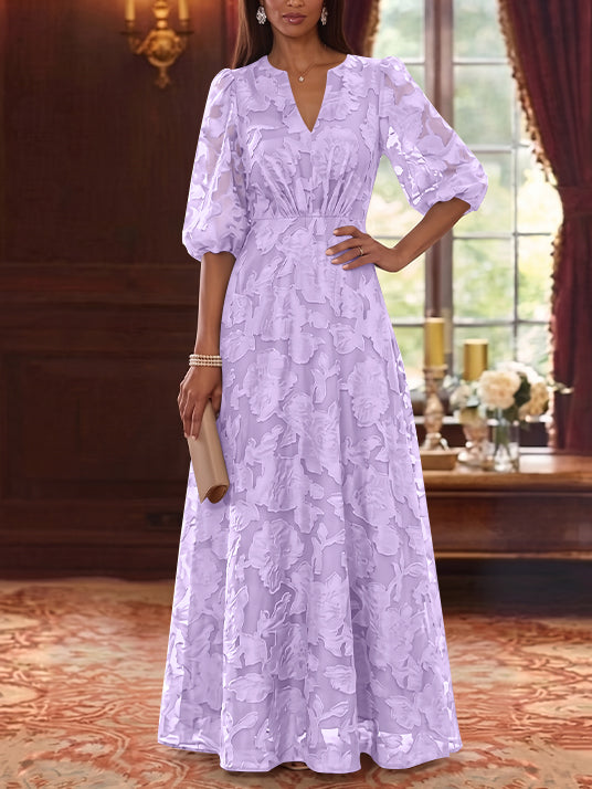 Robe Mère de la Mariée Ligne A/Princesse Mousseline Florale Col V Manches Mi-Longues Longueur au Sol