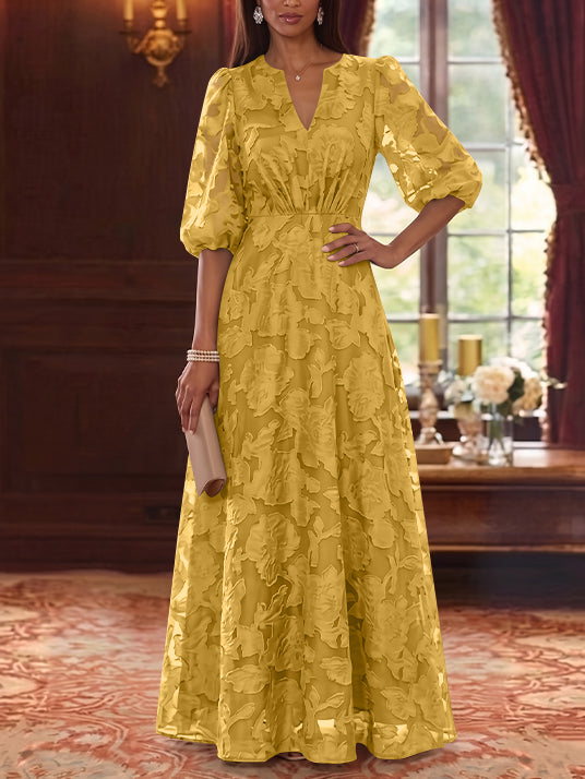 Robe Mère de la Mariée Ligne A/Princesse Mousseline Florale Col V Manches Mi-Longues Longueur au Sol