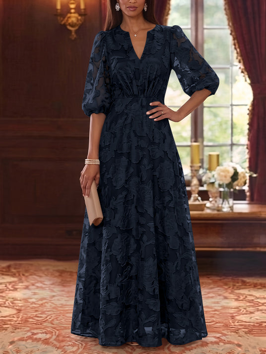 Robe Mère de la Mariée Ligne A/Princesse Mousseline Florale Col V Manches Mi-Longues Longueur au Sol