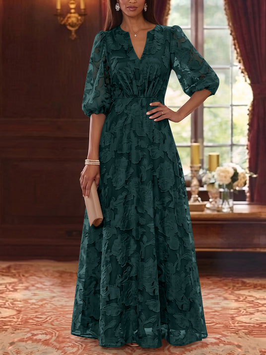 Robe Mère de la Mariée Ligne A/Princesse Mousseline Florale Col V Manches Mi-Longues Longueur au Sol