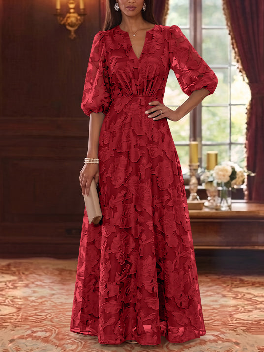 Robe Mère de la Mariée Ligne A/Princesse Mousseline Florale Col V Manches Mi-Longues Longueur au Sol