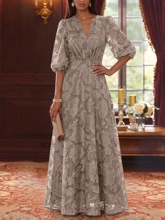 Robe Mère de la Mariée Ligne A/Princesse Mousseline Florale Col V Manches Mi-Longues Longueur au Sol