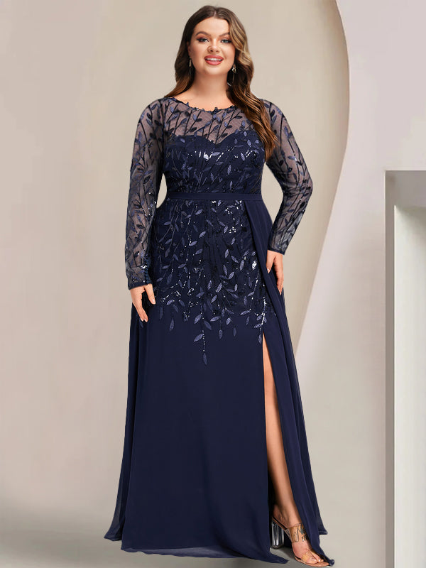 Robe de Mère de la Mariée Grande Taille, Coupe A-Line/Princess, Manches Longues, Longueur Au Sol, avec Fentes Latérales, Volants et Paillettes