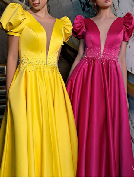 Robe de Bal Longue Au Sol à Col en V et Coupe A-Line/Princess