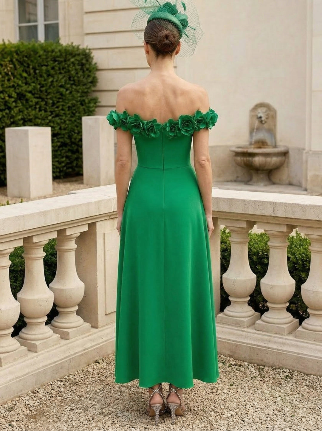 Robe Gaine/Colonne, Hors de l'Épaule, Satin extensible, pour mère de la mariée, longueur de la cheville,Sans manches,Avec 3D Fleurs