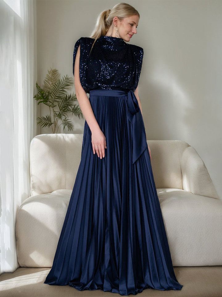 Robes de Mère de la Mariée et Du Marié Sans Manches à Col Haut, Coupe A-Line/Princess, avec Paillettes et Volants