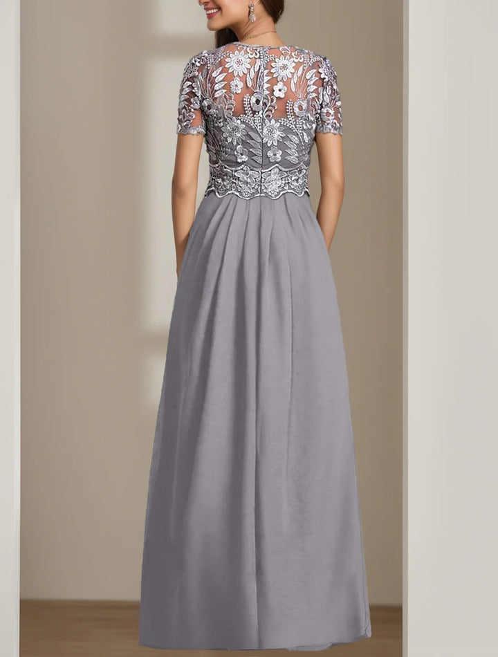 Tailleur-Pantalon en Mousseline Extensible à Col Rond et Manches Courtes pour Mère de la Mariée avec Appliques en Dentelle