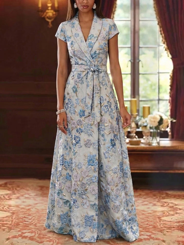 Robe mère de la mariée ligne A, jacquard col V, imprimé floral, manches courtes, longueur sol, ceinture