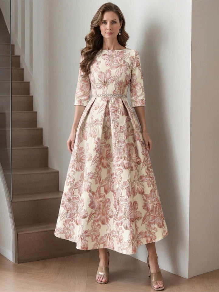 Robe mère de la mariée satin imprimé ligne A, col rond, manches mi-longues, longueur midi, motifs floraux et ceinture