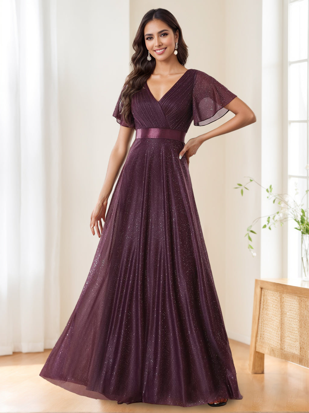 Robe de Soirée Élégante et Scintillante à Col en V et Manches Courtes, Coupe A-Line/Princess