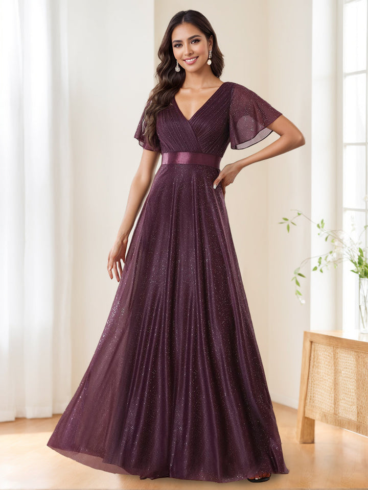 Robe de Soirée Élégante et Scintillante à Col en V et Manches Courtes, Coupe A-Line/Princess