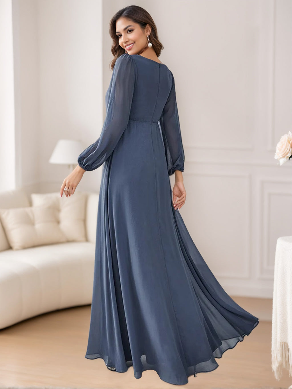 Robe de Mère de la Mariée Élégante en Forme de A/Princesse, Col en V, Longueur Au Sol, avec Broderie