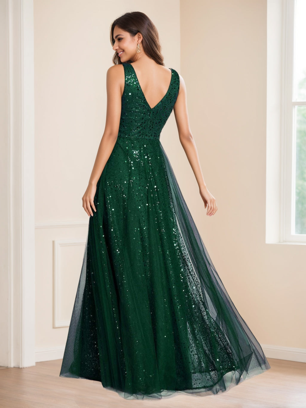 Robe de Soirée Trapèze/Princesse à Col en V Sans Manches, Taille Haute, Longueur Au Sol