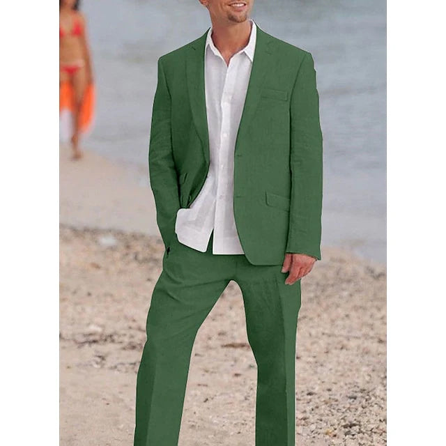 Costumes 2 Pièces en Lin de Couleur Unie à Simple Boutonnage et Deux Boutons pour Hommes, Coupe Ajustée