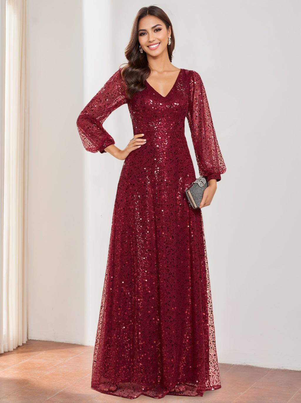 Robe de Mère de la Mariée à Paillettes, Coupe A-Line/Princess, Col en V, Manches Longues Lanterne, Longueur Au Sol