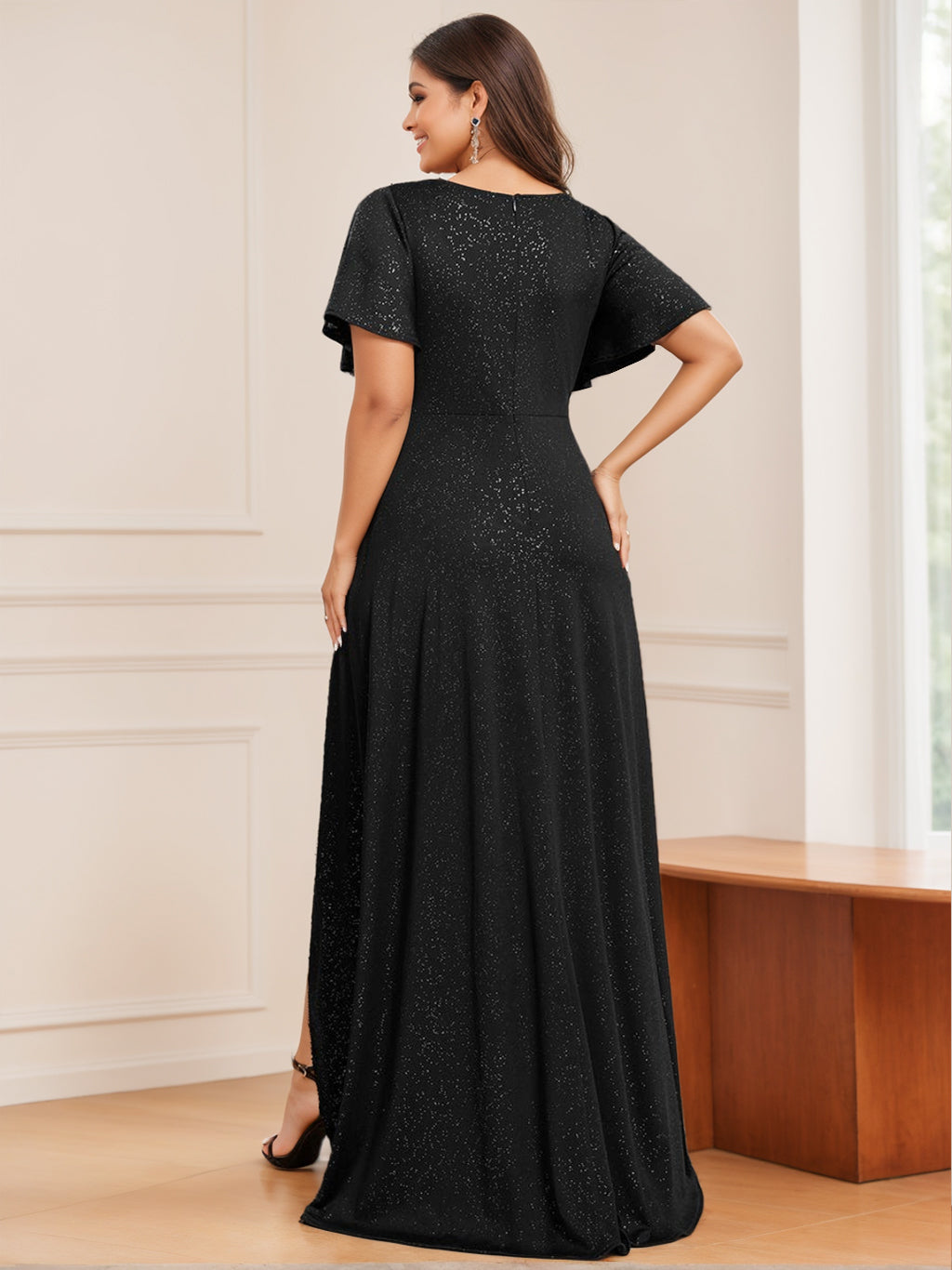 Robe de Soirée Asymétrique à Volants et Col en V, Coupe A-Line/Princess, Manches Courtes