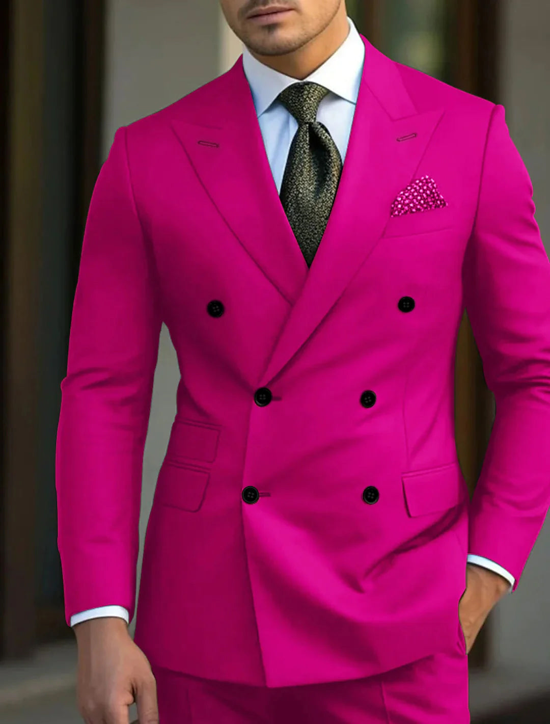 Costume de Mariage 2 Pièces Vert pour Homme, Coupe Ajustée, Croisé, Six Boutons, Couleur Unie