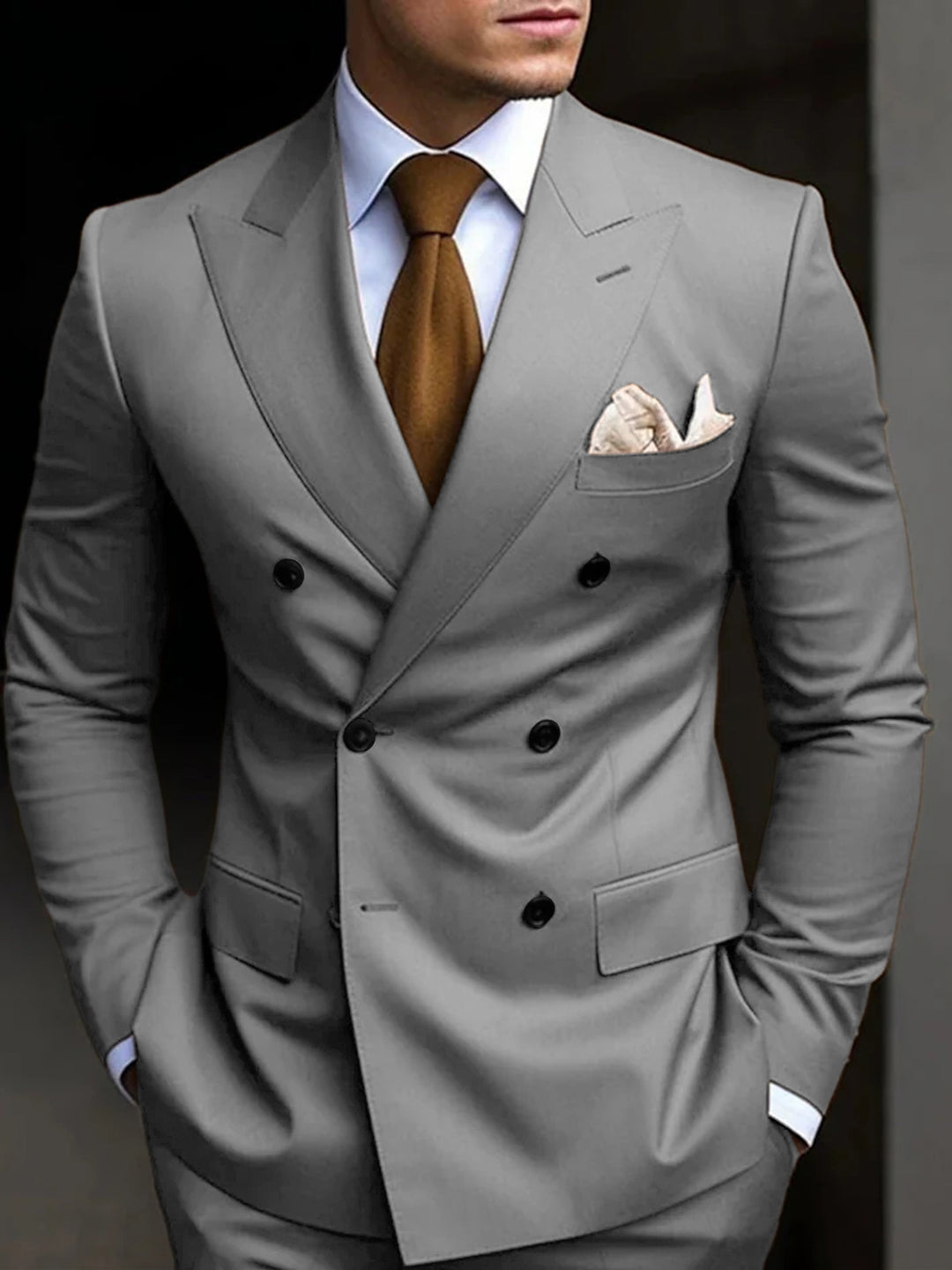Costumes de Mariage 2 Pièces pour Hommes, Coupe Ajustée, Croisé, Six Boutons, Couleur Unie
