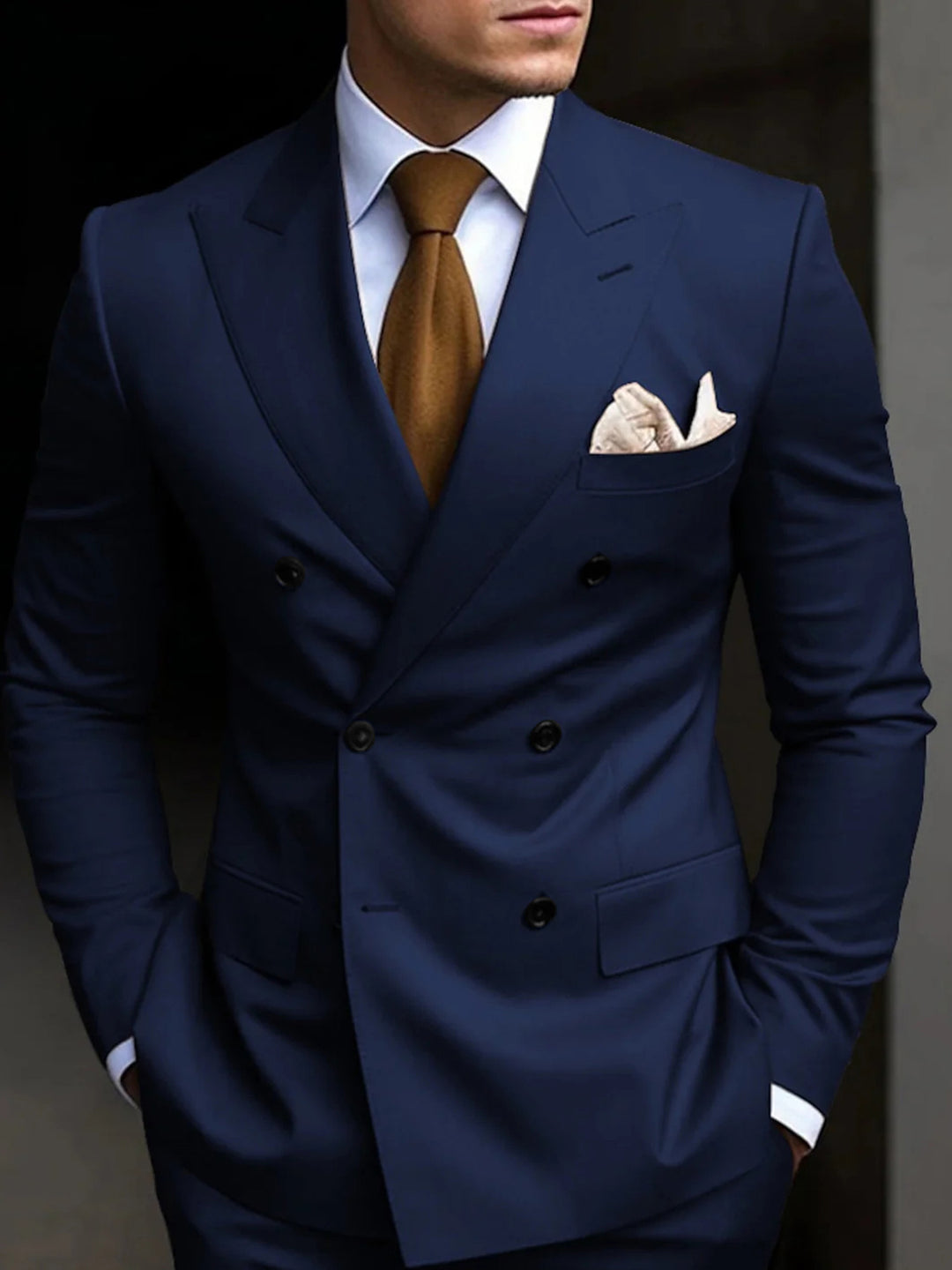 Costumes de Mariage 2 Pièces pour Hommes, Coupe Ajustée, Croisé, Six Boutons, Couleur Unie