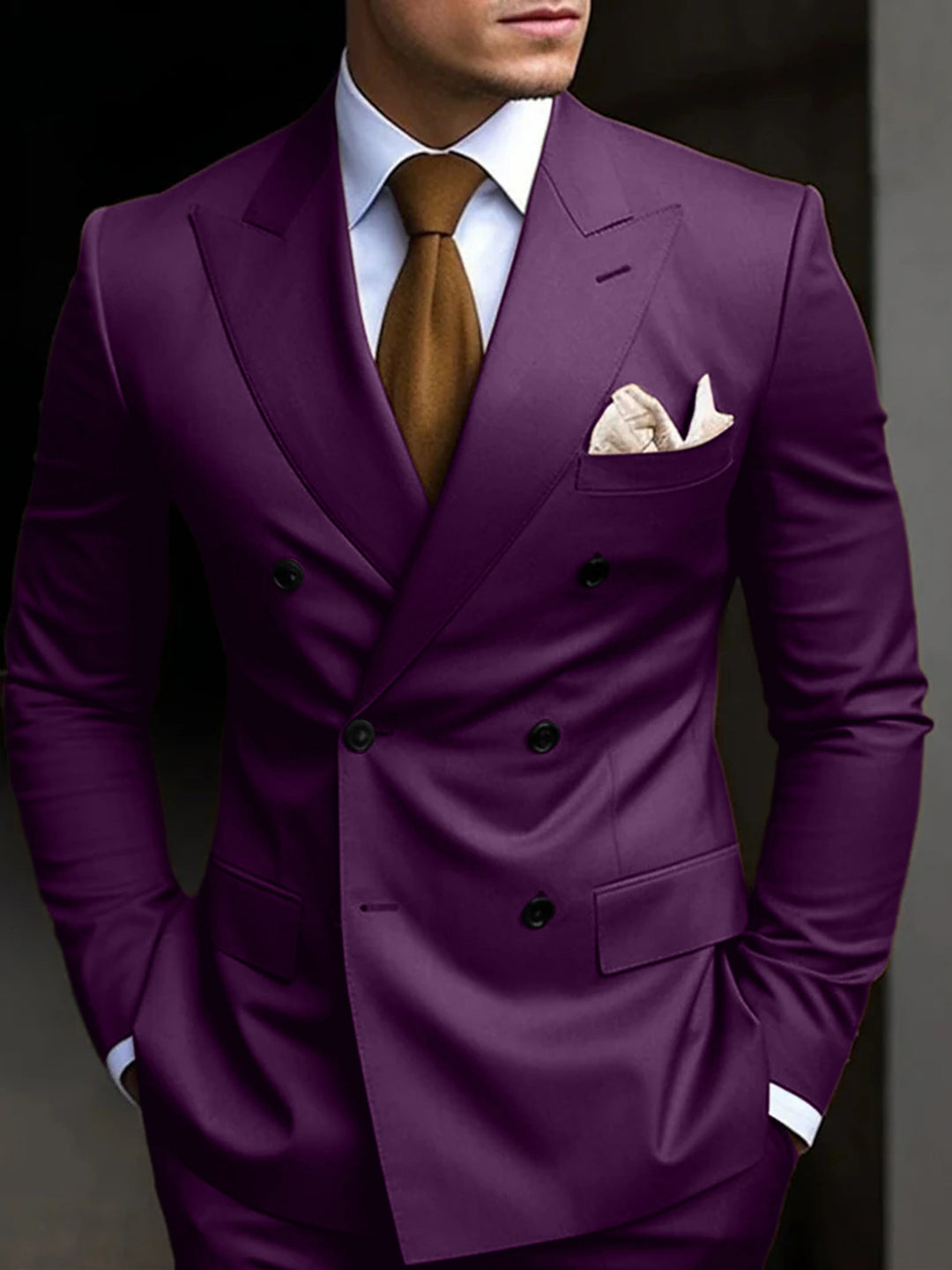 Costumes de Mariage 2 Pièces pour Hommes, Coupe Ajustée, Croisé, Six Boutons, Couleur Unie