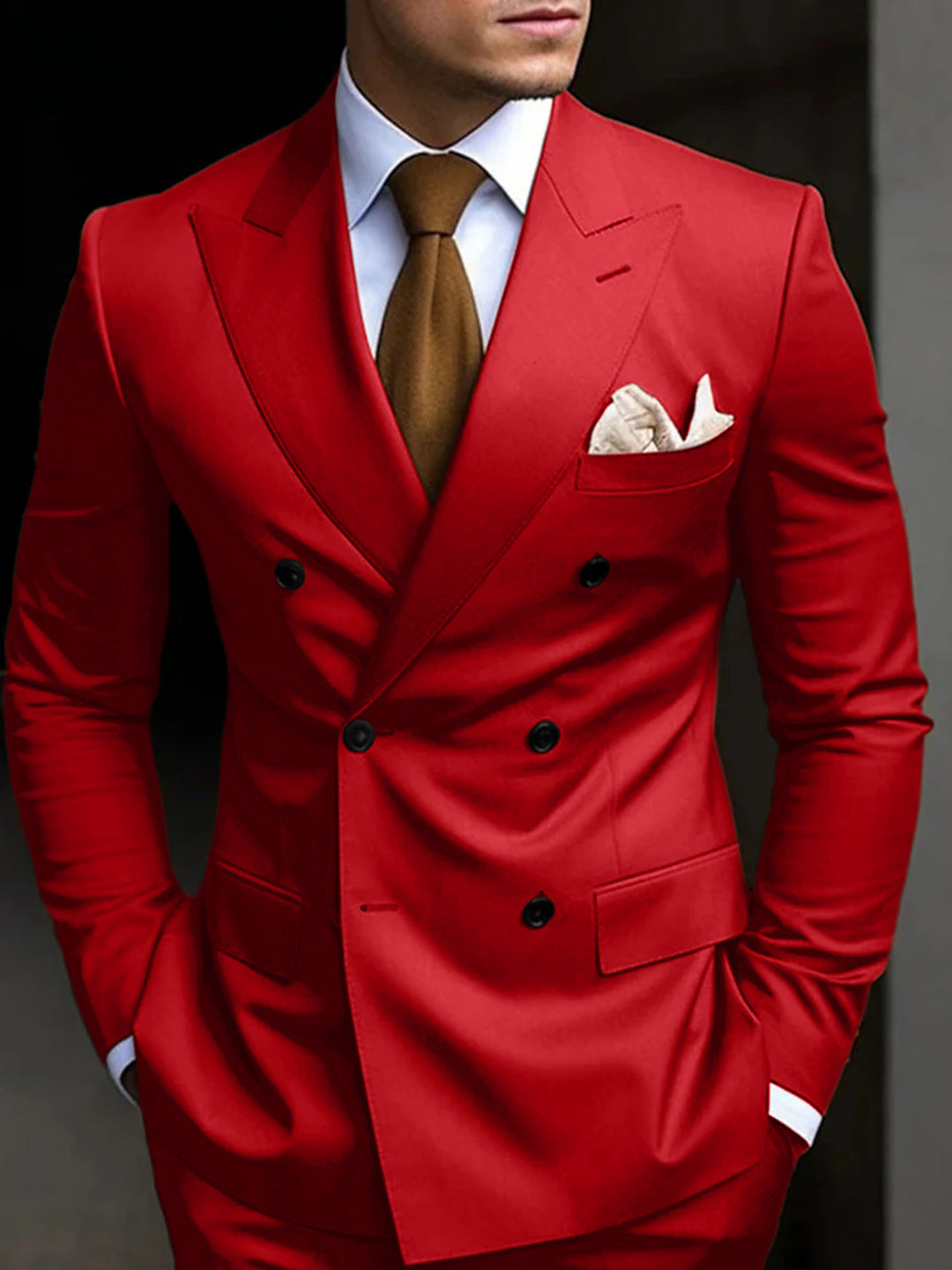 Costumes de Mariage 2 Pièces pour Hommes, Coupe Ajustée, Croisé, Six Boutons, Couleur Unie