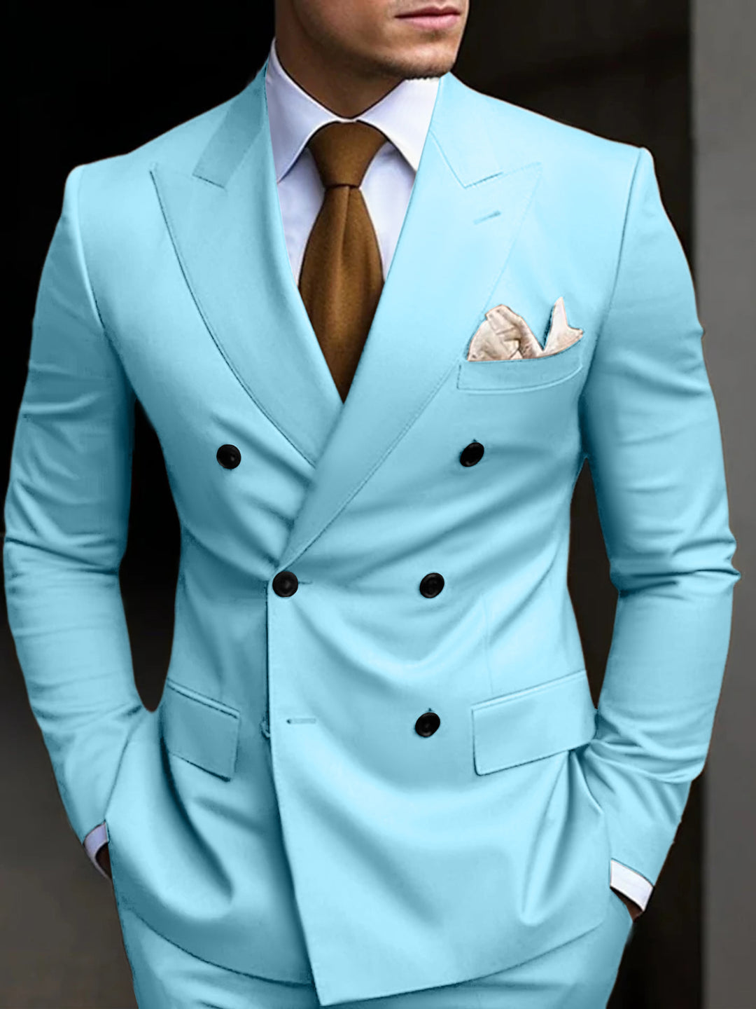 Costumes de Mariage 2 Pièces pour Hommes, Coupe Ajustée, Croisé, Six Boutons, Couleur Unie
