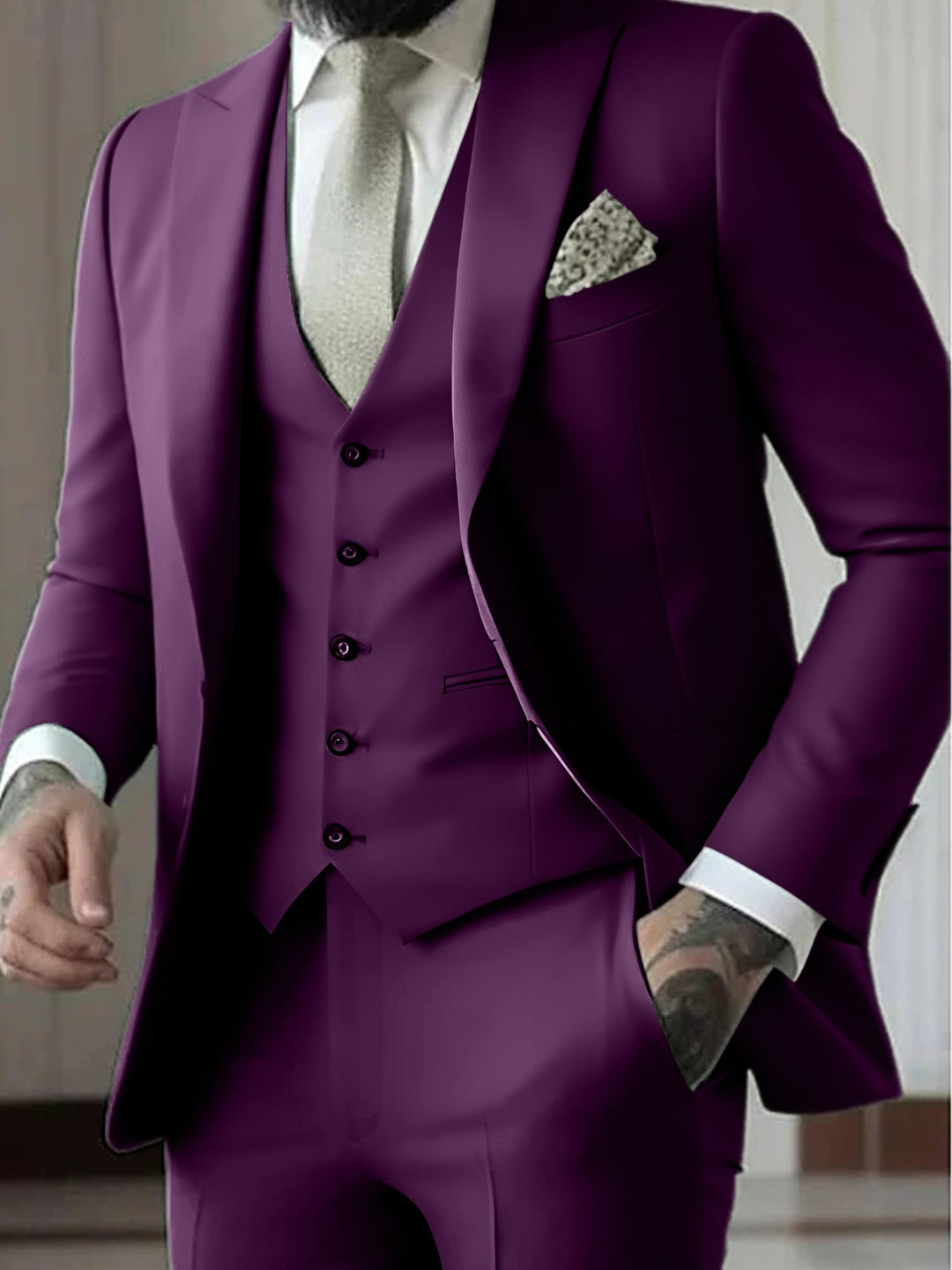 Costumes de Mariage 3 Pièces pour Hommes, Coupe Ajustée, Simple Boutonnage et Un Bouton