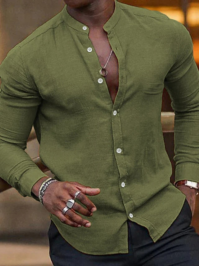 Chemise Décontractée en Coton et Lin à Manches Longues pour Hommes, Couleur Unie