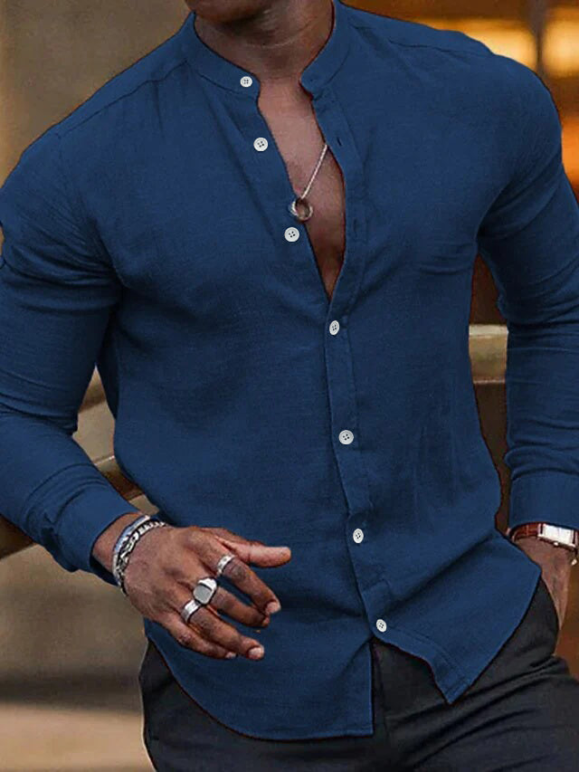 Chemise Décontractée en Coton et Lin à Manches Longues pour Hommes, Couleur Unie