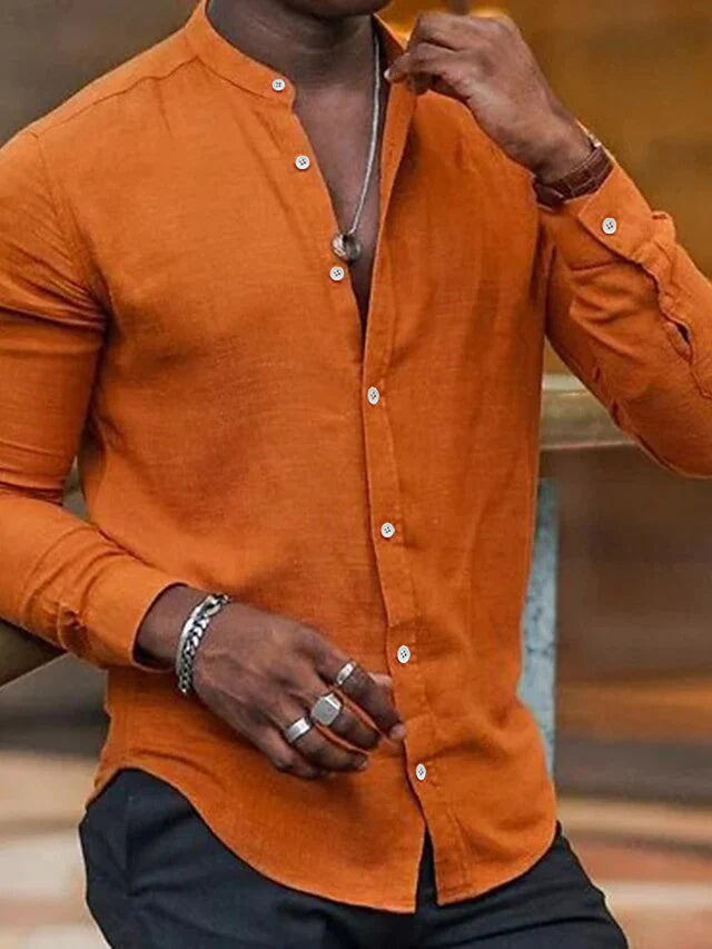 Chemise Décontractée en Coton et Lin à Manches Longues pour Hommes, Couleur Unie